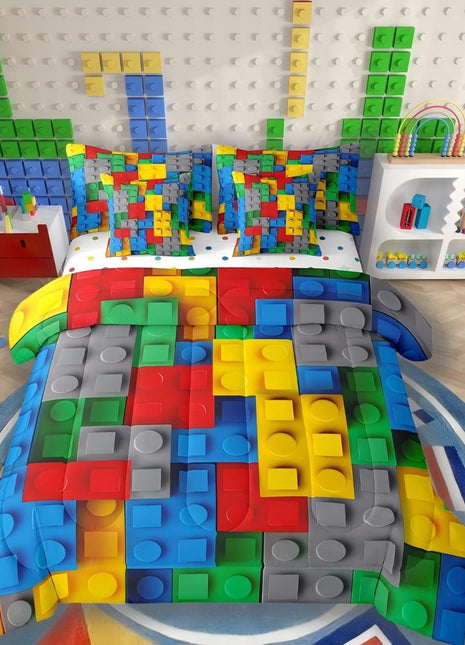 3D Building Blocks Comforter Set - 7 Piece Twin Bed in a Bag, Colorful Construction-Themed Bedding with Gradient Rainbow Brick Design