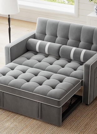 3-in-1 Convertible Futon Sleeper Sofa Bed with USB Charging, Side Pockets, and Adjustable Backrest - Elegant Grey Velvet Upholstery for Living Room and Apartment