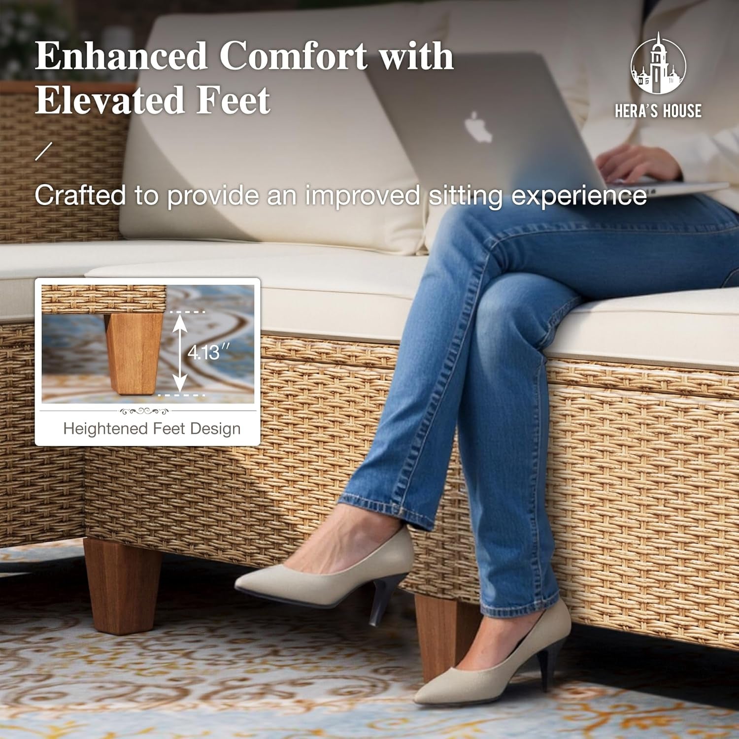 Small Patio Furniture Set, 3 Pieces Wicker Outdoor Sectional Sets,Yellow Rattan Conversation Set with Sofa and Coffee Table for Garden and Backyard, L Shape Boho Balcony Couch Sets