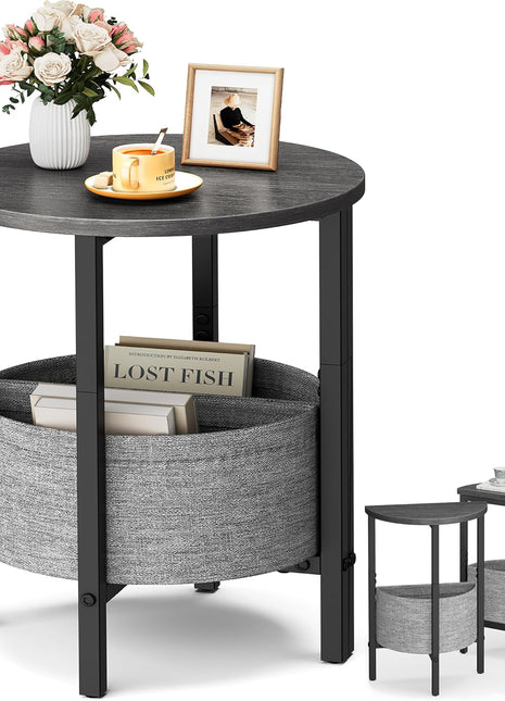 Set of 2 Contemporary Half Moon Accent Tables with Storage Basket, Small Round Side Tables for Living Room and Bedroom in Gray Walnut