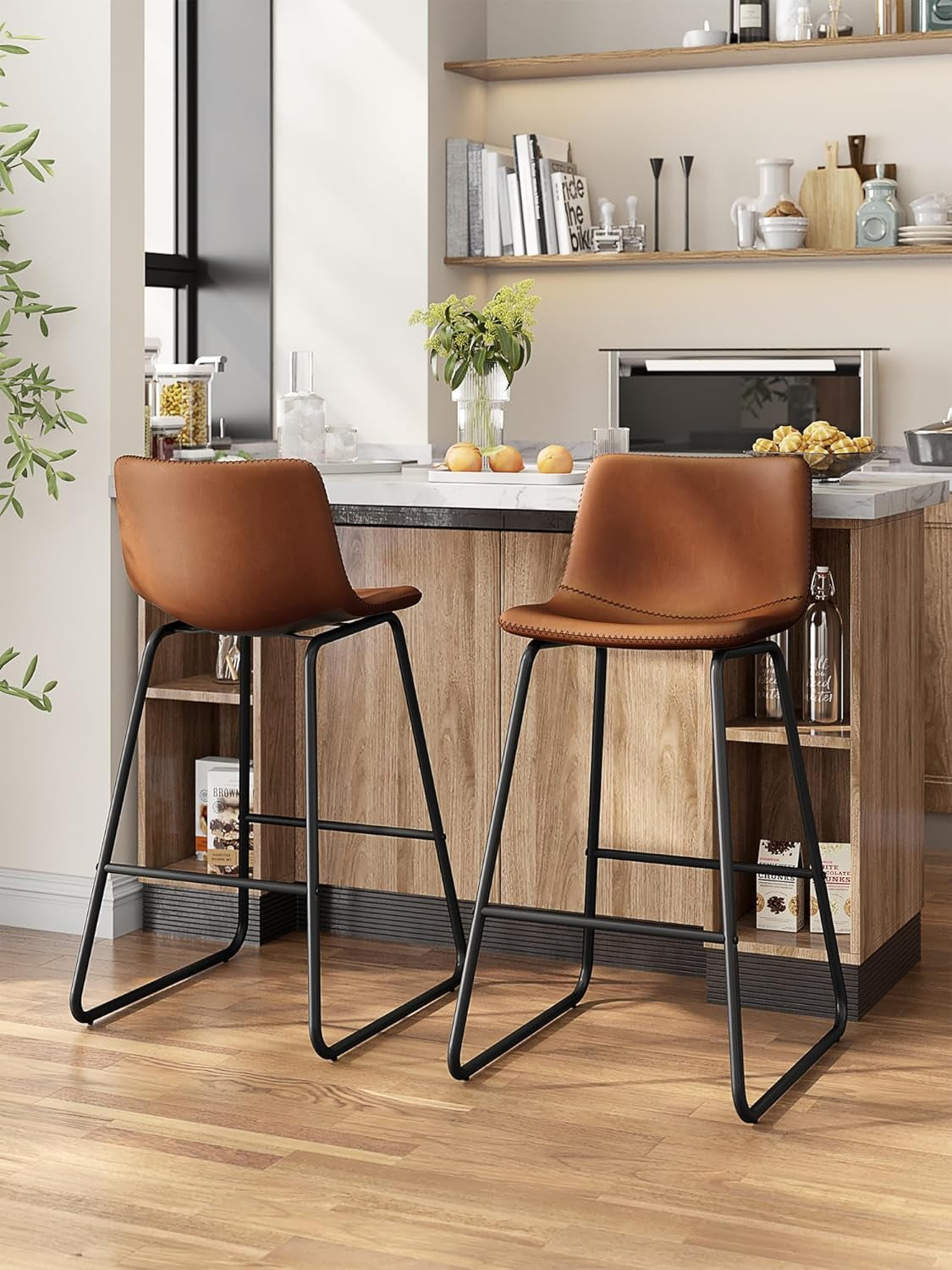 Bar Stools Set of 3, 26 Inches Counter Height Bar Stools with Back, Modern Faux Leather Barstools with Metal Legs and Footrest, Bar Chairs for Kitchens Island (Dark Brown)