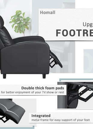 Reclining Chair and Sofa in PU Leather with Lumbar Support for Home Theater and Living Room (Black)