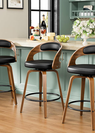Set of 3 Counter Height Swivel Bar Stools, 26" with Bentwood Legs and Back, Mid-Century Modern Faux Leather Upholstery for Kitchen Island, Black
