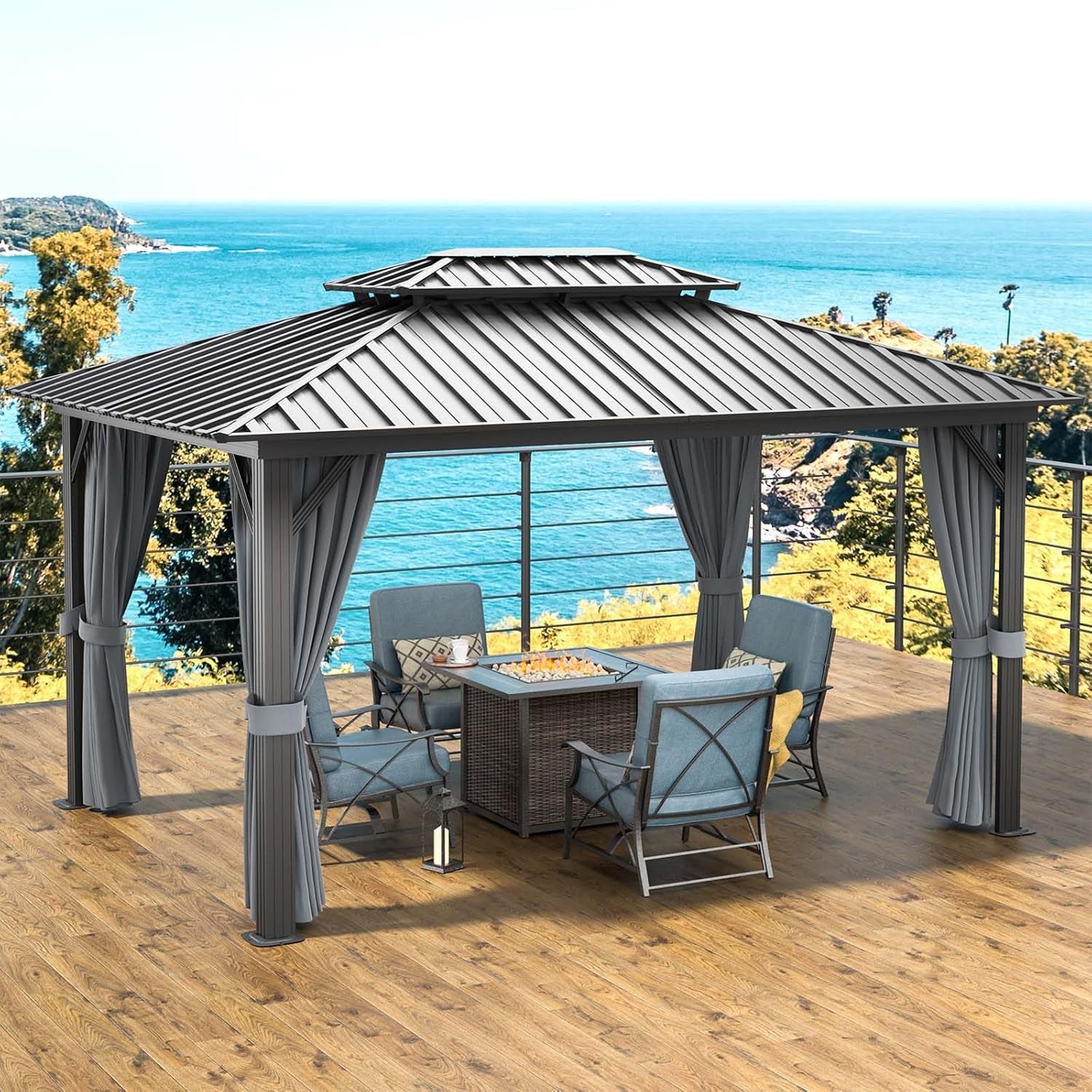 10' X 12' Hardtop Gazebo, Aluminum Metal Outdoor Gazebo with Galvanized Steel Double Roof, Permanent Patio Pavilion with Breathable Netting and Curtains for Dining, Wedding, Party
