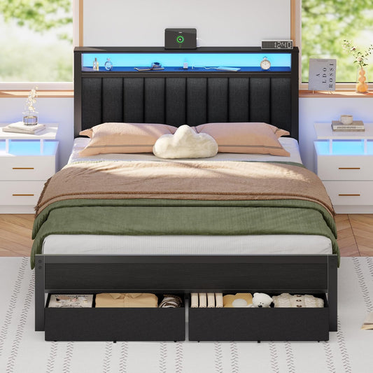 Queen Bed Frame with Charging Station and LED Lights, Grey Upholstered Headboard with Shelves, Metal Platform Bed with 2 Under-Bed Storage (Fabric Drawer on Wheels), No Box Spring Needed