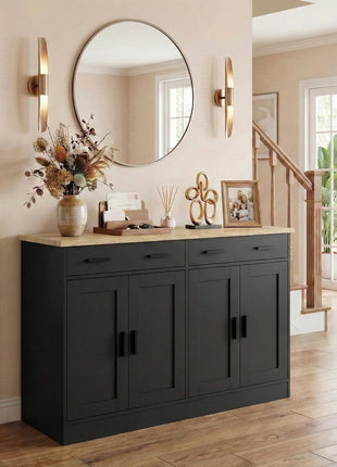 53-Inch Modern Black Buffet Cabinet with Storage - Stylish Kitchen Sideboard Featuring 2 Drawers and 4 Doors, Perfect for Dining Room, Living Room, and Hallway