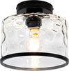 Glass Ceiling Light, Black Semi Flush Mount with Hammered Glass Shade, Farmhouse Light Fixture for Hallway, Bathroom, Entryway, Kitchen,Living Room