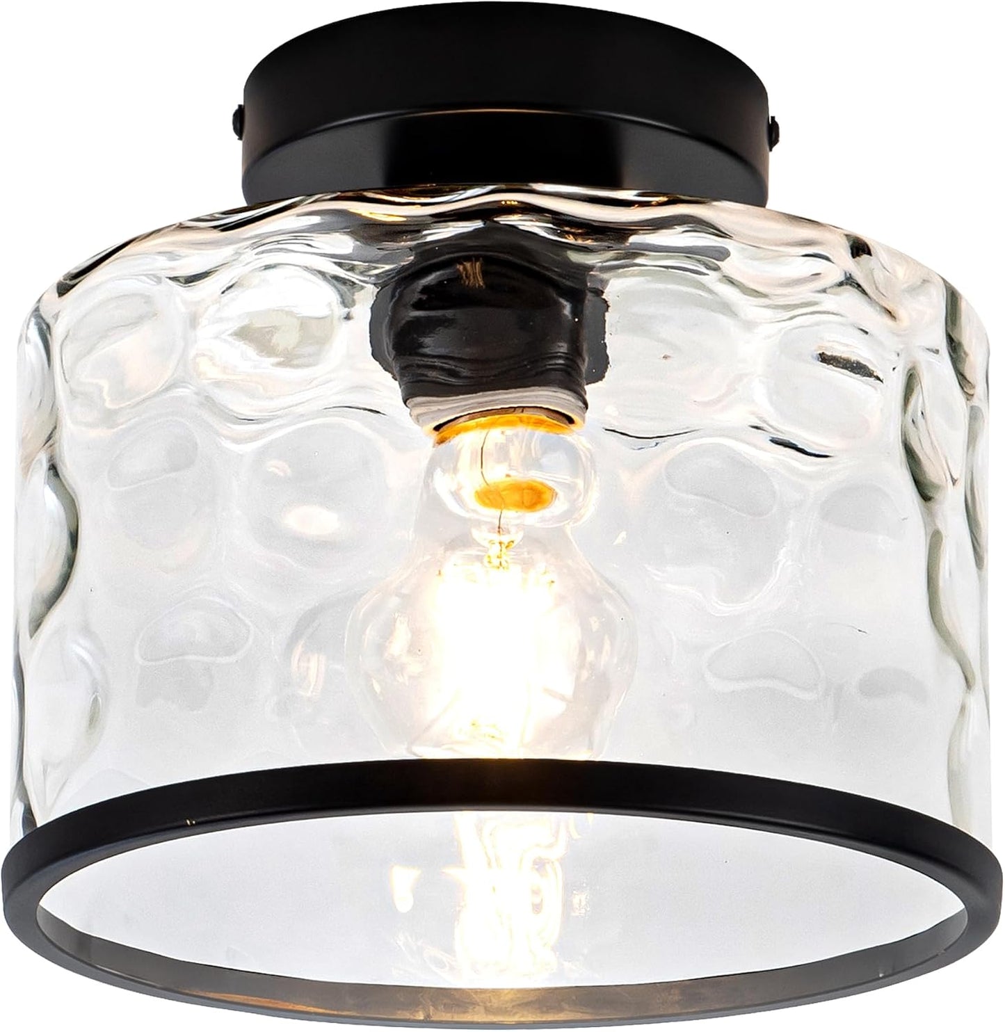 Glass Ceiling Light, Black Semi Flush Mount with Hammered Glass Shade, Farmhouse Light Fixture for Hallway, Bathroom, Entryway, Kitchen,Living Room