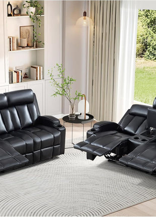 Premium PU Leather Manual Recliner Chair for Adults with Cup Holders and Padded Backrest, Overstuffed Heavy Duty Reclining Sofa for Living Room and Bedroom, Black