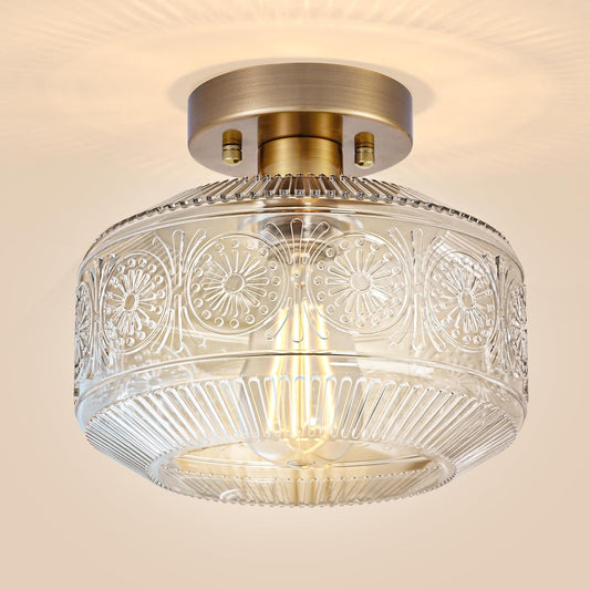 DSMJFU Semi Flush Mount Ceiling Light, Vintage Small Ceiling Light Fixture, Thickened Glass Hallway Lighting Fixture, Brass Kitchen Ceiling Mount Light for Entry Way, Bedroom, Bathroom, Porch