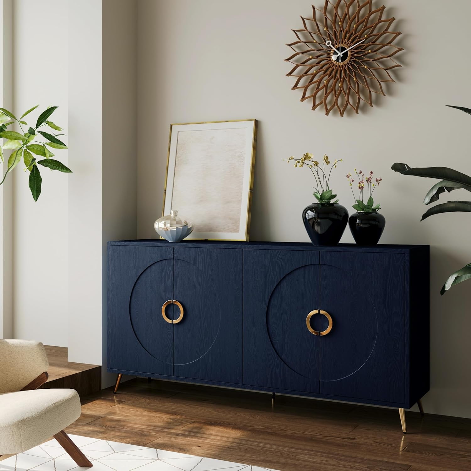 Modern Lacquered 4 Door Wooden Cabinet Sideboard Buffet Server Cabinet Storage Cabinet, for Living Room, Entryway, Hallway, Office, Kitchen and Dining Room, Navy Blue, Cabinets