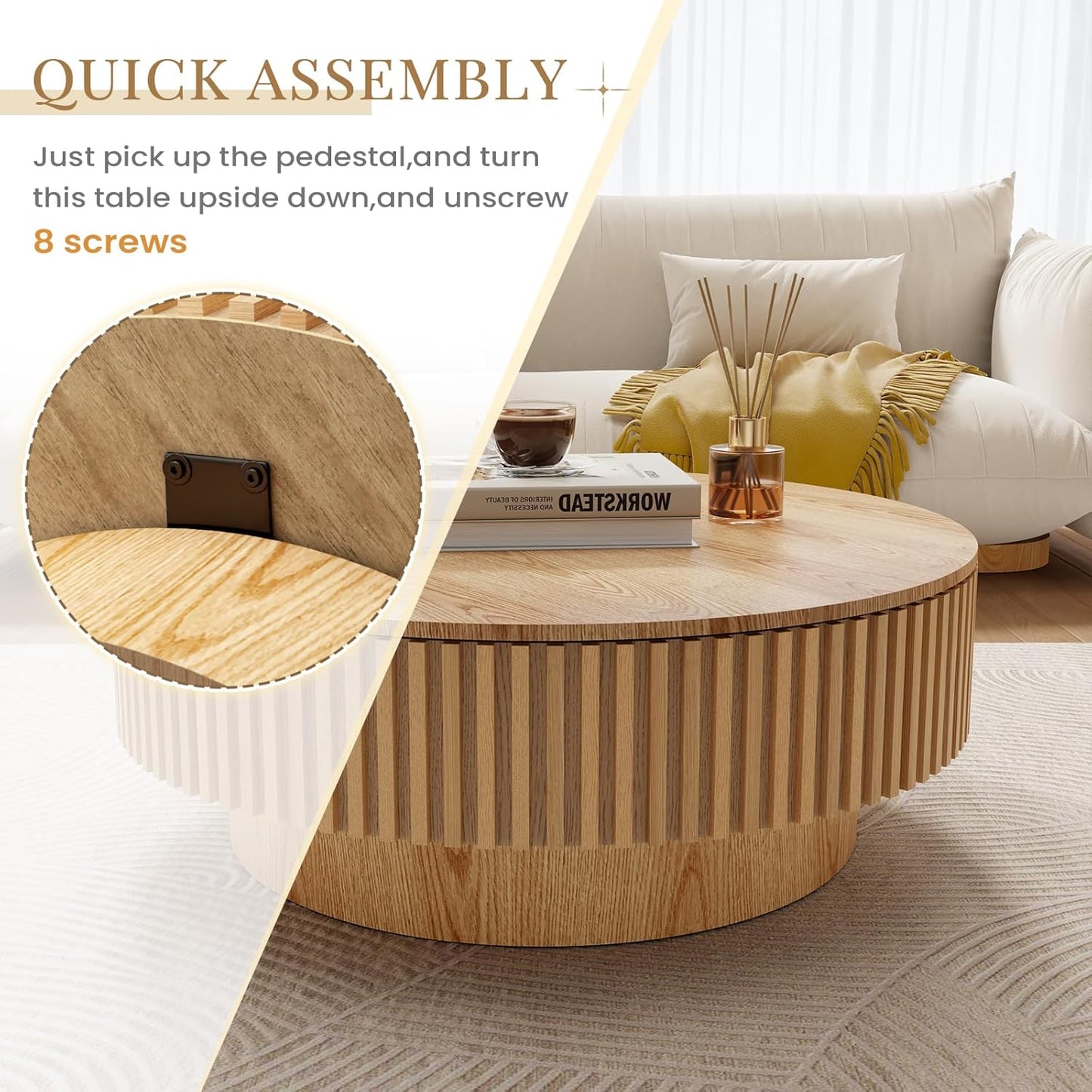 39.37'' round Coffee Table with Storage, Modern Fluted Circle Coffee Table Unique Drum Low Center Tea Table with Solid Wood Veneered for Living Room, Mesas De Centro Para Sala, Natural