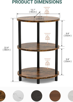Round Pedestal End Table - 3-Tier Oval Accent Table for Small Spaces, Rustic Wood and Metal Design, Versatile Nightstand for Bedroom or Living Room, Easy Assembly, Rustic Brown Finish