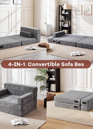 Multifunctional 4-in-1 Folding Sofa Bed with Armrest - Convertible Portable Sleeper Chair for Living Room and Bedroom - Washable Grey Cover