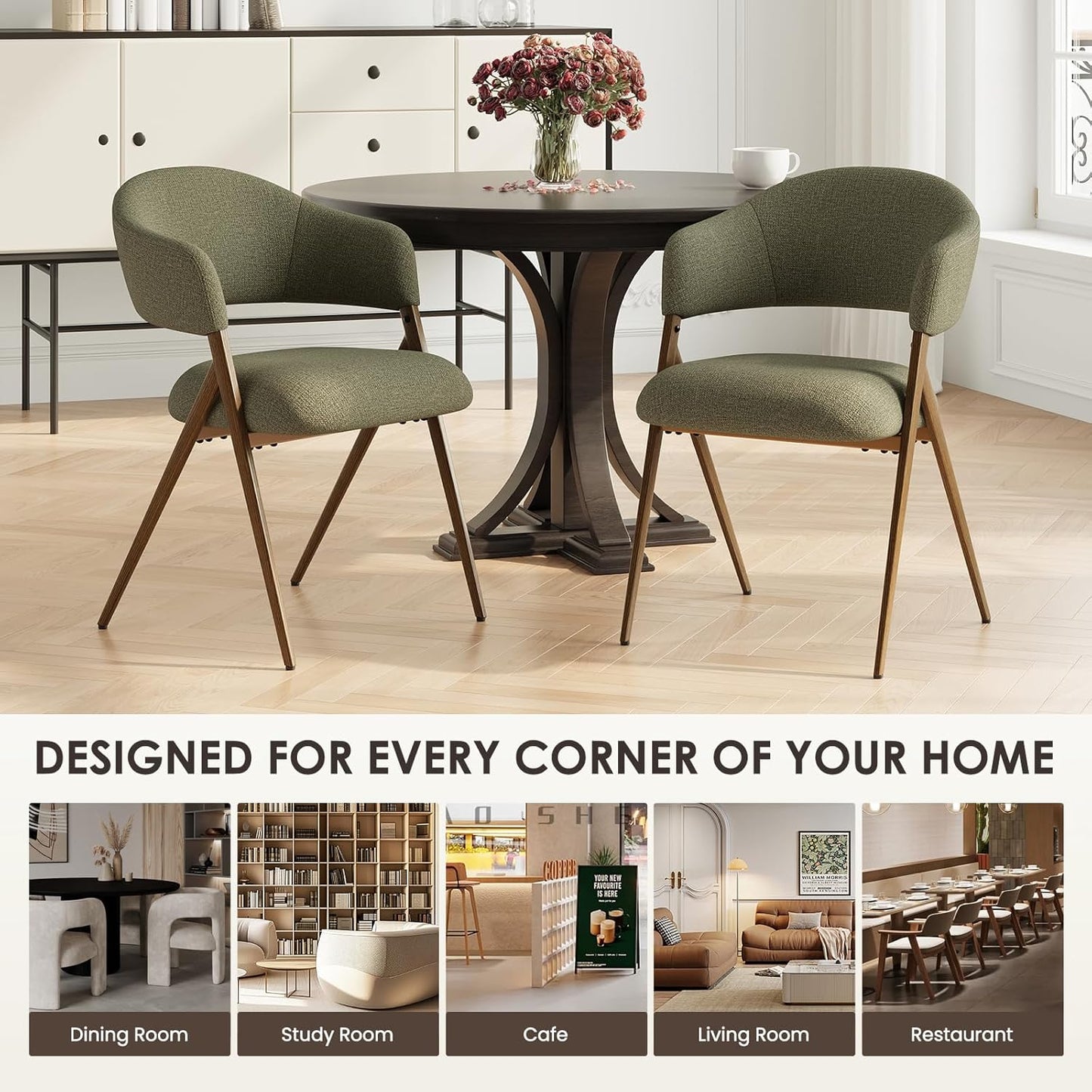 Dining Chairs Set of 4, Modern Fabric Upholstered Dining Room Kitchen Side Chairs with Iron Legs, Open Back and Padded Seat, for Living Room/Restaurant/Cafe, Green