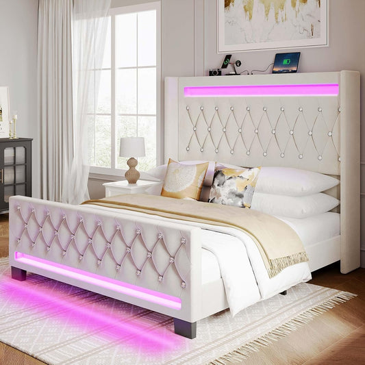 Queen Bed Frame with LED Light and Charging Station, Upholstered High Headboard and Footboard, Wood Slats, Noise Free, Easy Assembly, Beige