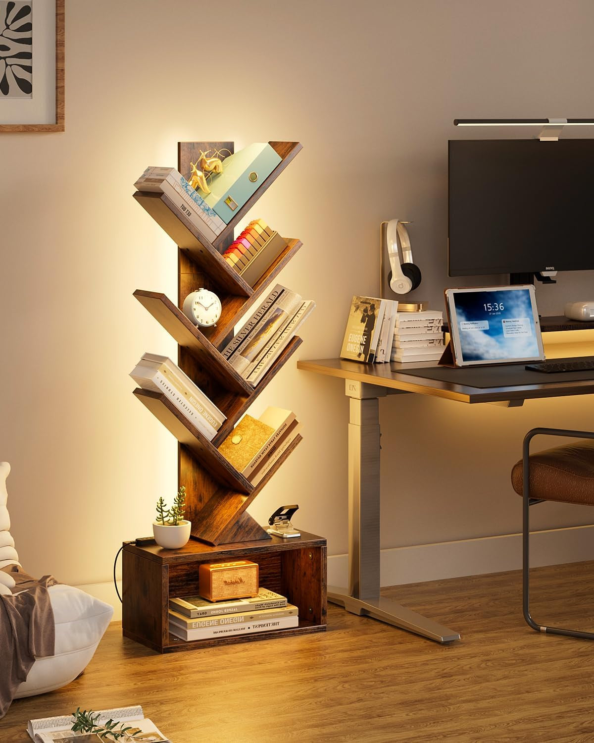 6 Tier Tree Bookshelf with Lights, LED Book Tree Bookcase with Storage Organizer, Small Corner Bookshelf Floor Standing Book Shelf for Living Room, Bedroom & Home Office, Rustic Brown