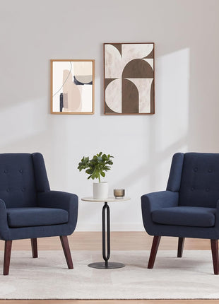 Set of 2 Accent Chairs, Upholstered Button-Tufted Linen Mid-Century Modern Armchairs, Comfortable Fabric Armchairs for Living Room, Bedroom, and Waiting Areas in Dark Blue