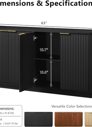 63-Inch Modern Fluted Sideboard Buffet Cabinet with Storage, 31.6-Inch Height Wood Media Console and Coffee Bar Table for Living Room, Kitchen, and Dining Room in Black