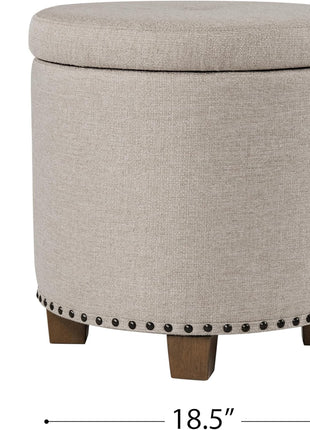 Upholstered Round Storage Ottoman with Nailhead Trim in Light Brown Fabric for Living Room and Bedroom