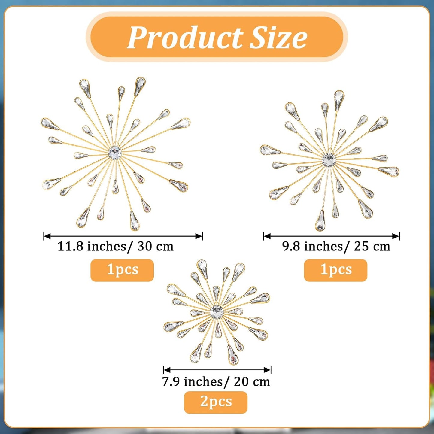 4Pcs Gold Metal Jeweled Wall Art, Starburst Wall Decor, Bling Crystal Home Décor, Star Sun Rhinestone Hanging, Diamond Accents Home Decorative for Living Room, Bedroom, Entryway