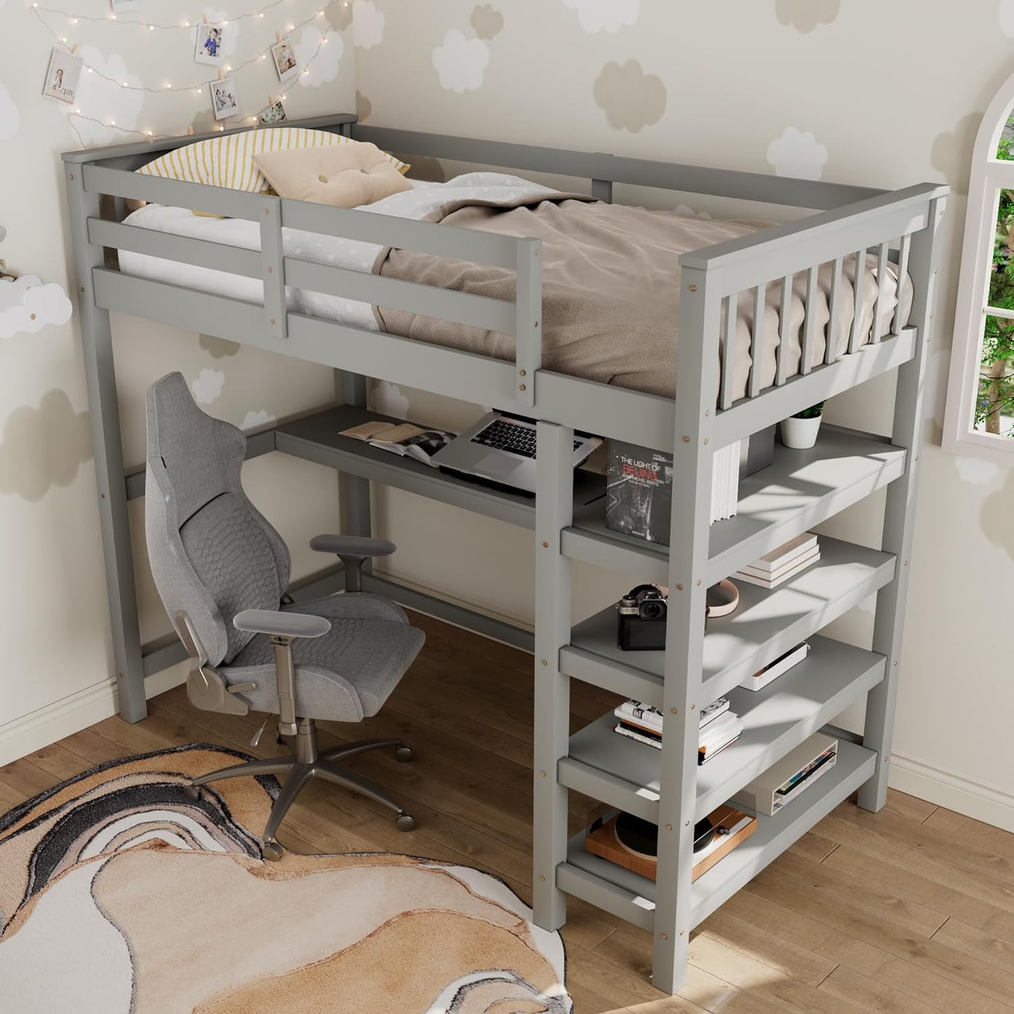 Wood Loft Bed with Desk : Full Size Loft Bed with 4-Storage Shelves and under Bed Desk Solid Wood Bed, Grey