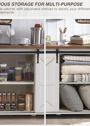 Farmhouse Style Sideboard Buffet Cabinet with Ample Storage - 60" Kitchen Cabinet with Sliding Barn Doors and 4 Drawers, 31.2" Tall Antique White Wood Coffee Bar Table for Dining Room