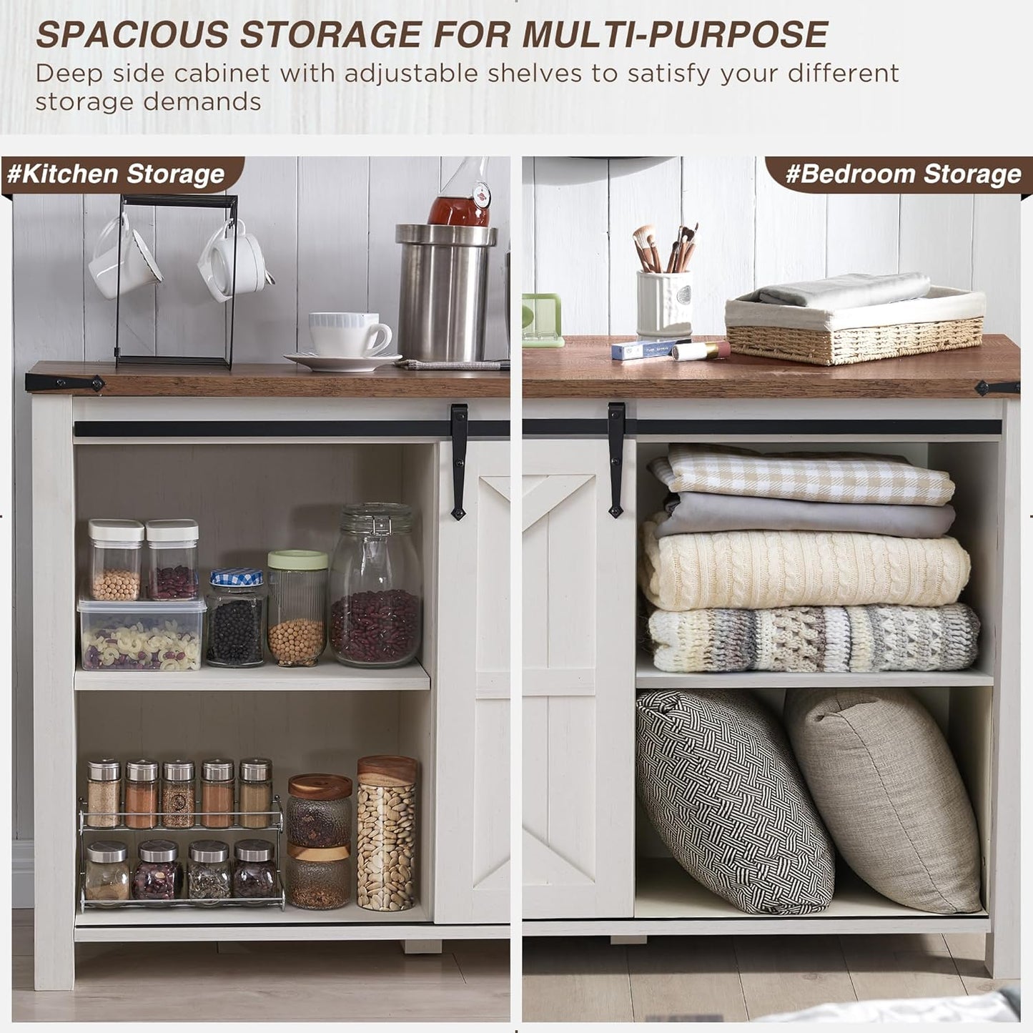 Farmhouse Sideboard Buffet Cabinet with Storage, 60" Large Kitchen Cabinet W/Sliding Barn Doors and 4 Drawers, 31.2'' Tall Wood Coffee Bar Table for Dining Room, Antique White