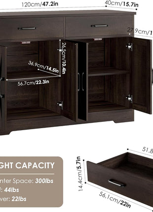 47.2" Modern Farmhouse Buffet Cabinet with Storage, Drawers, and Barn Doors - Dark Brown Kitchen Sideboard and Coffee Bar Station for Living Room