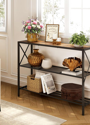Industrial 3-Tier Console Table for Entryway, Hallway, and Living Room in Rustic Brown and Black Finish
