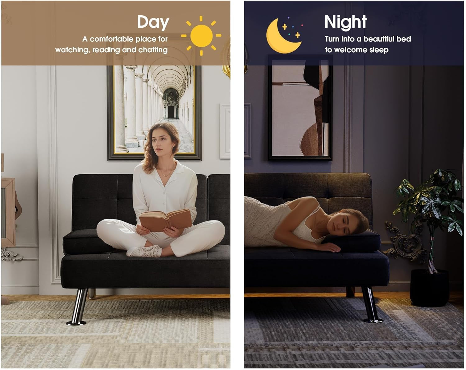 Futon Sofa Bed Modern Folding Futon Set Linen Fabric Convertible Recliner Lounge for Living Room with 2 Cup Holders, Removable Armrests (Fabric, Carbon Black)