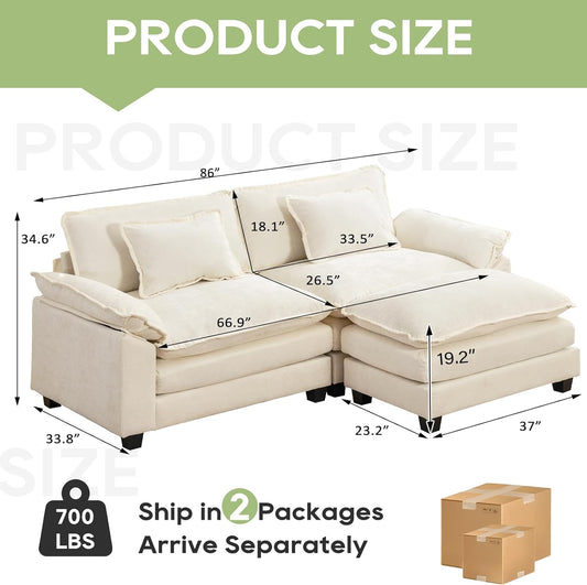 86" Modular Sectional Sofa, Comfy Cloud Couch Sectional Sofa with Ottoman, Chenille Sofa Sleeper Deep Seat Sofa with Throw Pillows for Living Room (Beige White, 86"- L Shape)