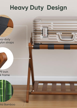 Fully Assembled Bamboo Luggage Racks Set of 2 with Shoe Shelf, Foldable Suitcase Holders for Guest Rooms, Bedrooms, and Hotels in Walnut Finish