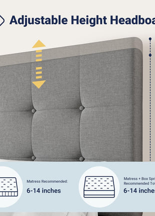 Queen Size Upholstered Platform Bed Frame with 4 Storage Drawers and Headboard, Square Stitched Button Tufted Design, Mattress Foundation with Wooden Slats Support, No Box Spring Required, Light Grey