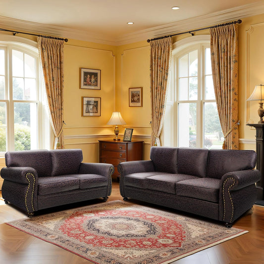 Living Room Furniture Sets,Sofa Sets and Couch Sets for Living Room,Mid-Century Vintage Sofa Couches with Rivet Design (Brown, Loveseat+3 Seater)