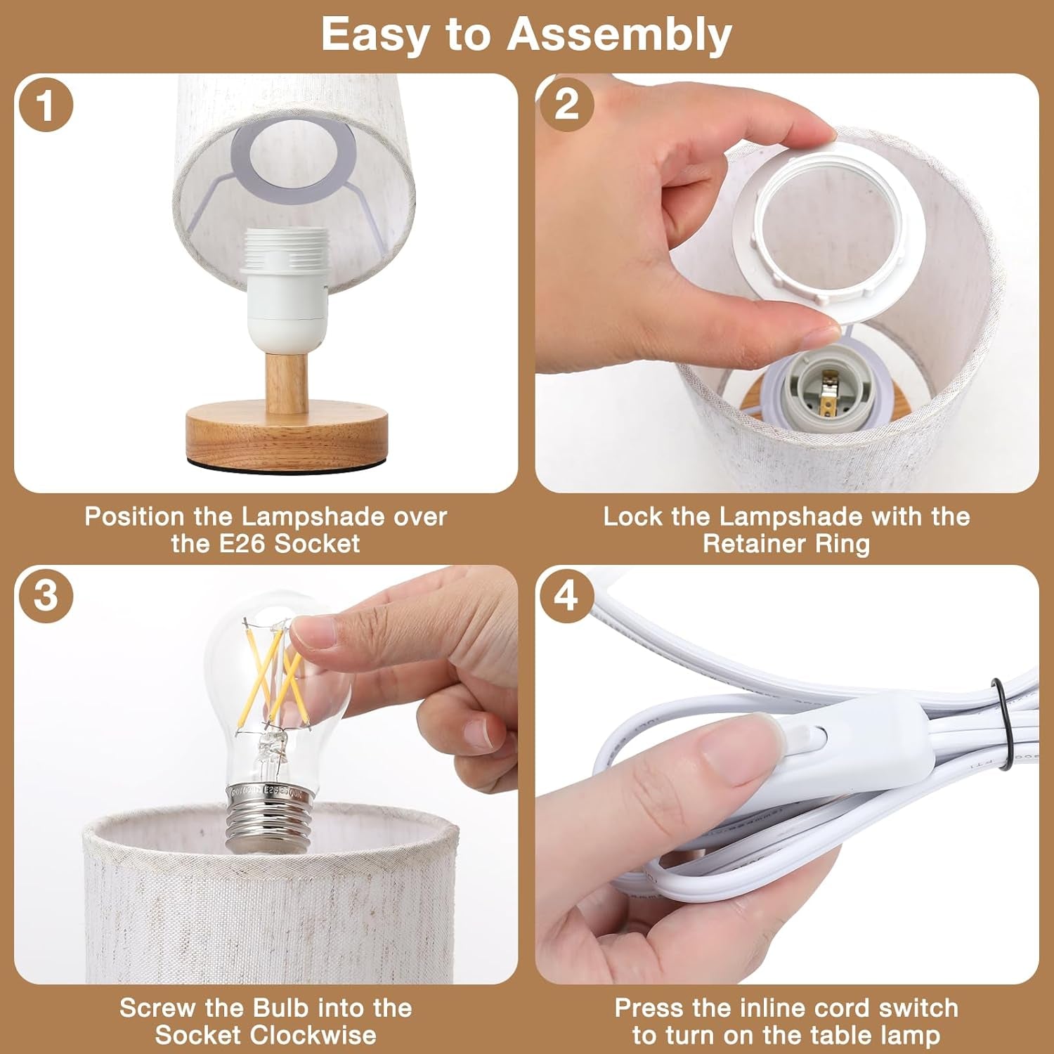 Small Table Lamp for Bedroom - Inline Control, Bedside Lamp with 3000K A15 LED Blub, Easy Assembly (Cream Shade - Wood Base, 9" Inline Control)