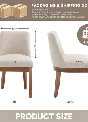 Set of 6 Modern Dining Chairs, Upholstered Linen Fabric with Back Support, Wooden Legs, Beige Finish for Dining Room and Living Room