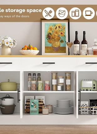 53-Inch Contemporary Farmhouse Buffet Cabinet with Storage Solutions, Adjustable Shelves, and Drawers for Kitchen and Dining Room, White Finish