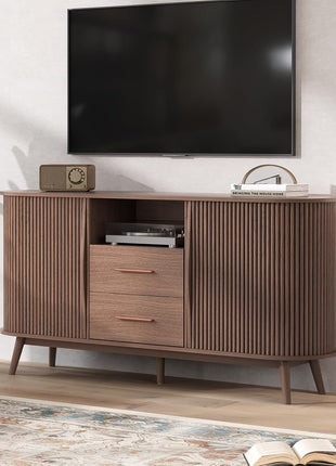 63" Fluted Sideboard Buffet Cabinet in Walnut - Mid-Century Modern Coffee Bar Station with Storage for Dining Room, Wood Accent Storage Cabinet & Credenza with Drawers for Liquor and Wine