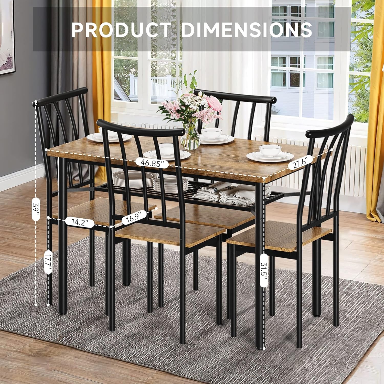 5 Piece Dining Table Set for 4, Kitchen Table and Chairs for 4 with Storage Rack, Metal and Wood Rectangular Dining Room Table Set for Kitchen, Dining Room, Dinette, Rustic Brown