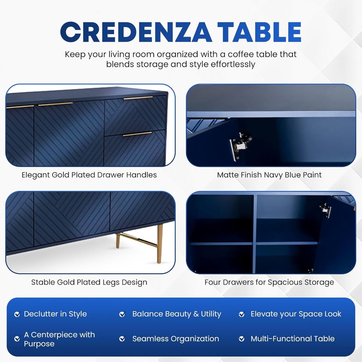 Modern Sideboard Buffet Cabinet with Storage, 47'' Navy Blue Credenza Gold Handles with 3 Doors and 1 Drawers, Wooden Kitchen Coffee Bar Cabinet for Living Room Farmhouse, Hallway