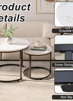 Set of 2 Round Nesting Coffee Tables Featuring White Faux Marble Tops and Black Steel Frames for Living Room, Bedroom, and Balcony Use