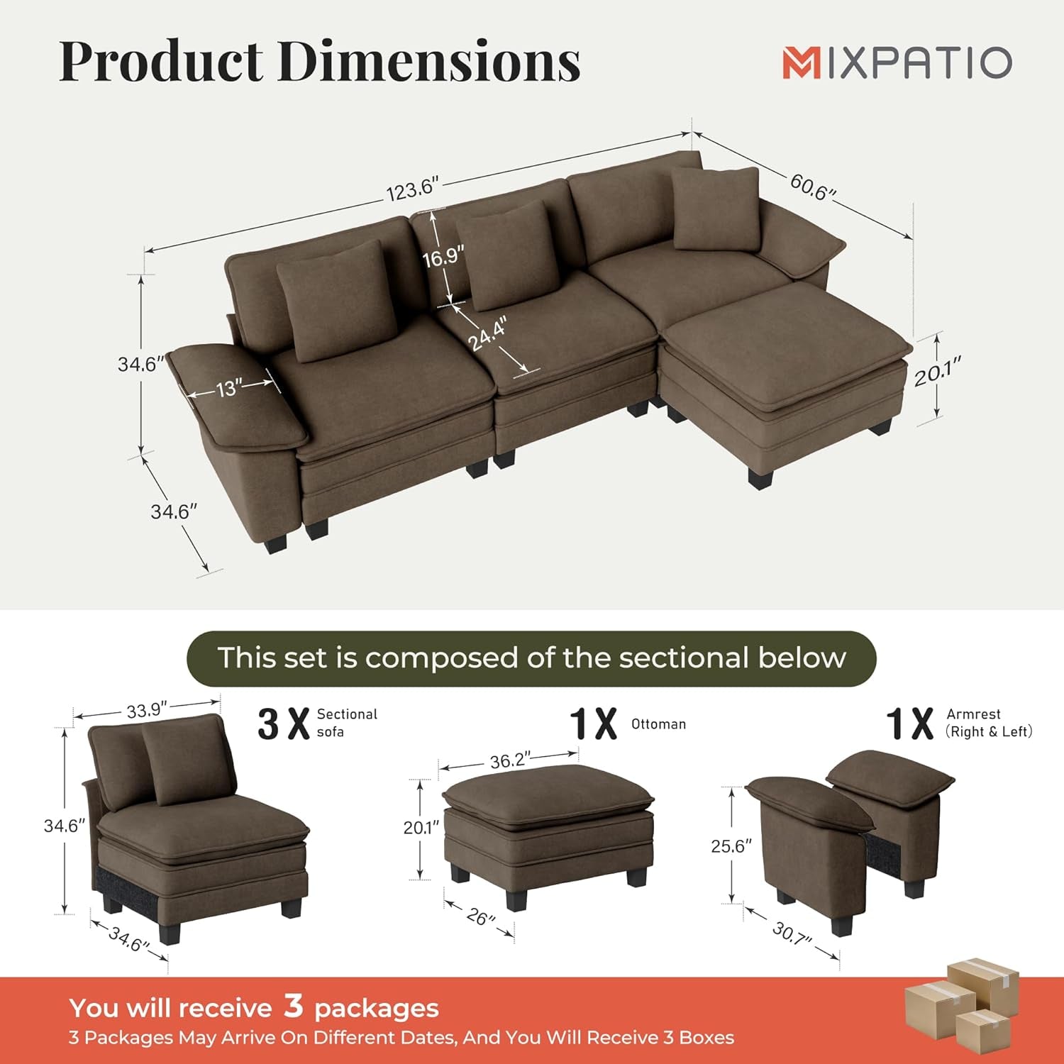 123-Inch L Shaped Sectional Sofa with Cloud Cushions, Deep Seat Modular Couch Set W/ 4 Seats & 1 Ottomans, Removable Arms, Plush Chenille Upholstery for Living Room, Apartment - Taupe