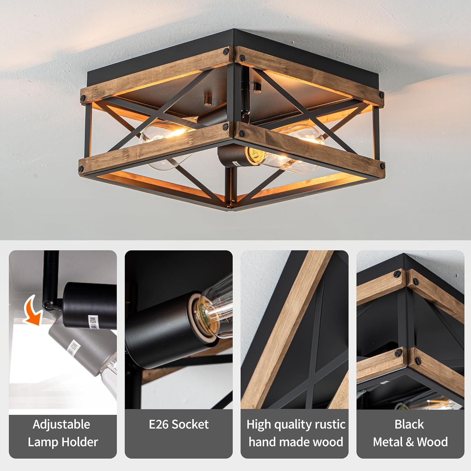 Black Flush Mount Ceiling Light, 2-Light Rustic Farmhouse Fixture with Metal & Wood Frame, Dimmable Close-To-Ceiling Lighting for Kitchen Bedroom Living Room Hallway Entryway