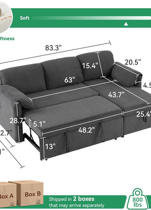 Versatile 83-Inch Pull-Out Sleeper Sofa with USB Charging and Storage Chaise - Stylish Convertible Couch for Compact Living Spaces - Dark Gray