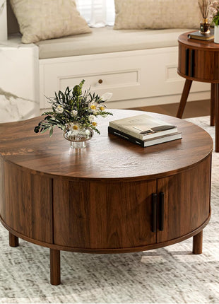 Contemporary Round Coffee Table with Storage Cabinets and Sliding Doors for Compact Living Areas, 29.9" Fluted Walnut Centerpiece
