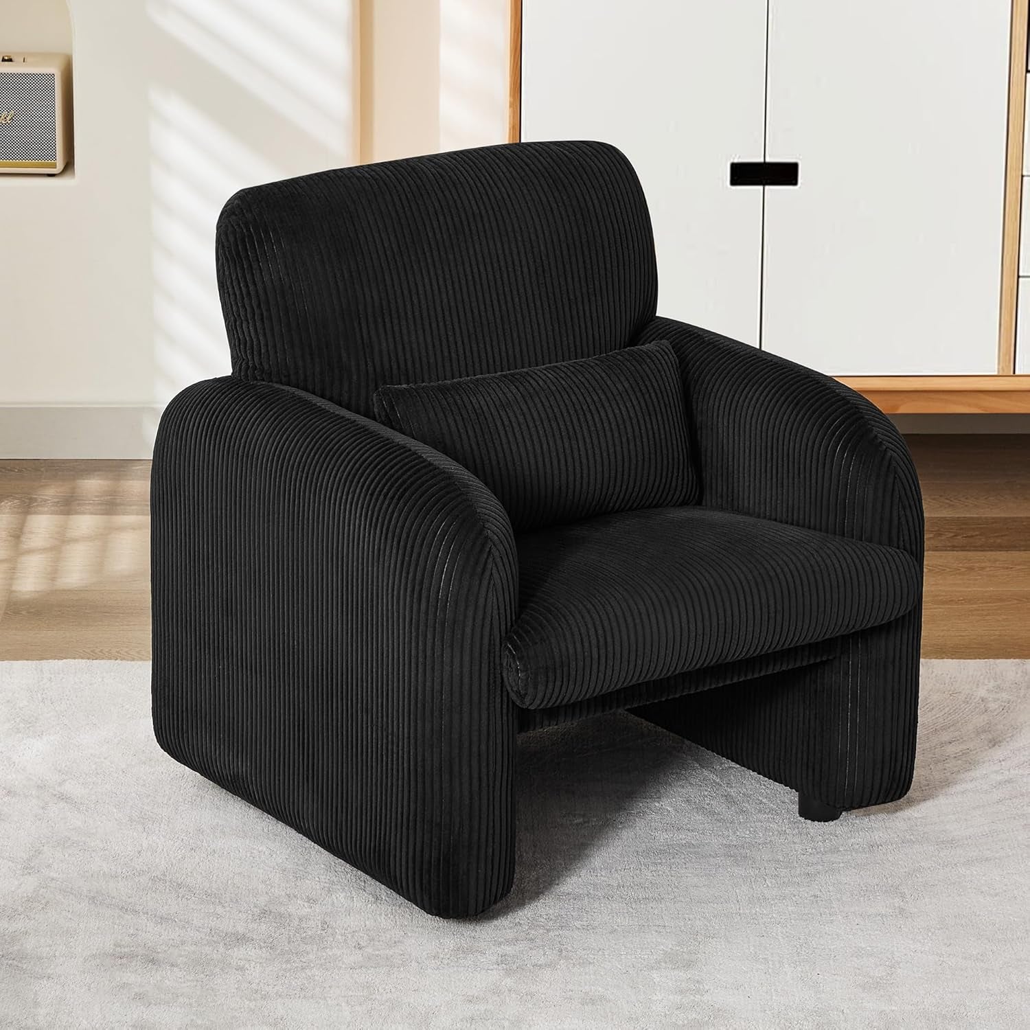 Modern Accent Chair, Comfy Upholstered Corduroy Armchair, Stylish Lounge Reading Chair for Living Room, Bedroom, Black