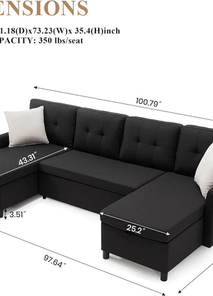 Oversized Sectional Sleeper Sofa with Storage Chaise - Comfortable Pull-Out Bed for Living Room in Stylish Black with Double Chaise