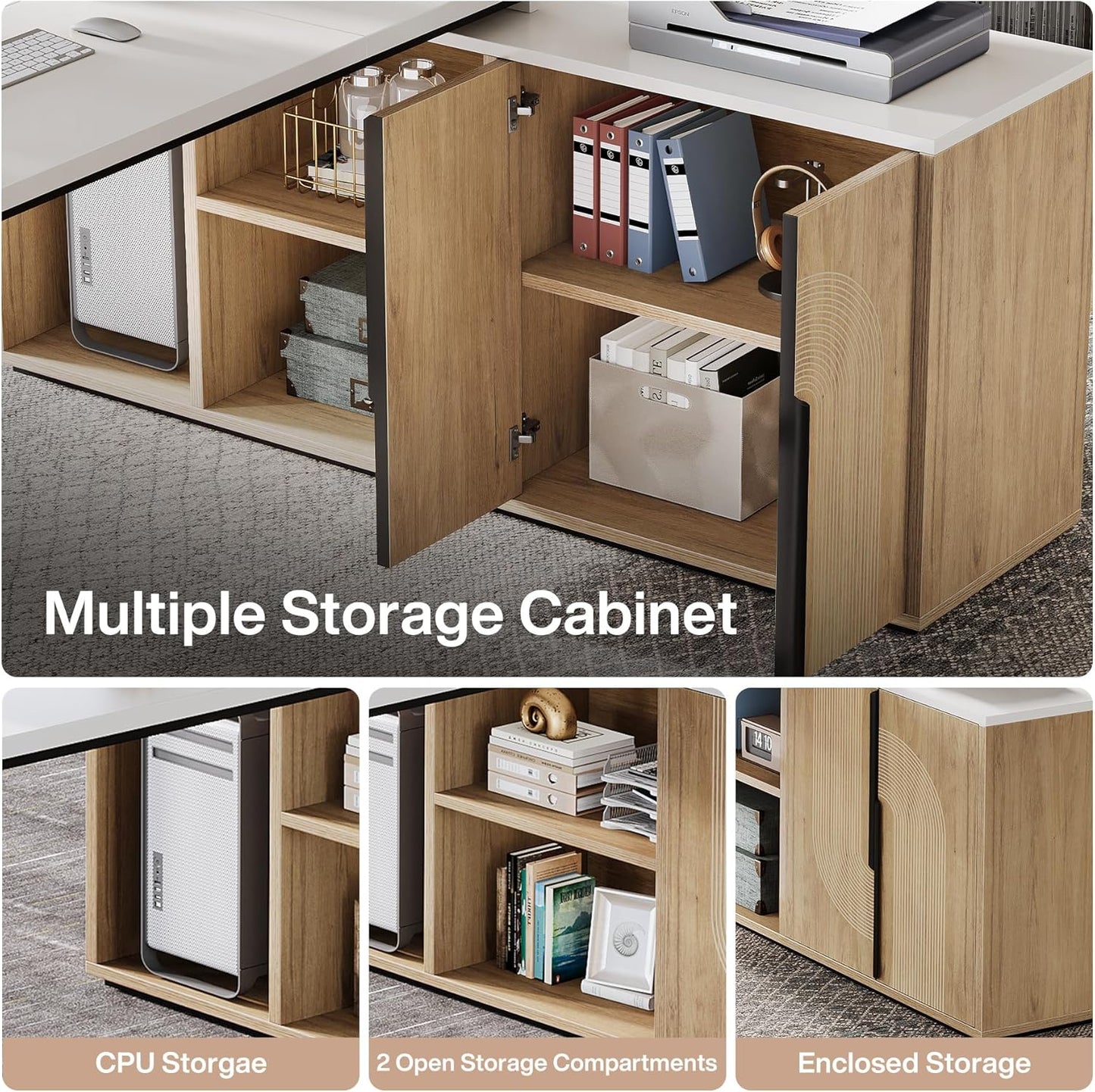 74.8 Inch Executive Desk, Large Office Desk with Cabinet, L Shaped Computer Desk with Shelves and CPU Storage, Modern Home Office Desks Business Furniture Workstation Set, White and Wood