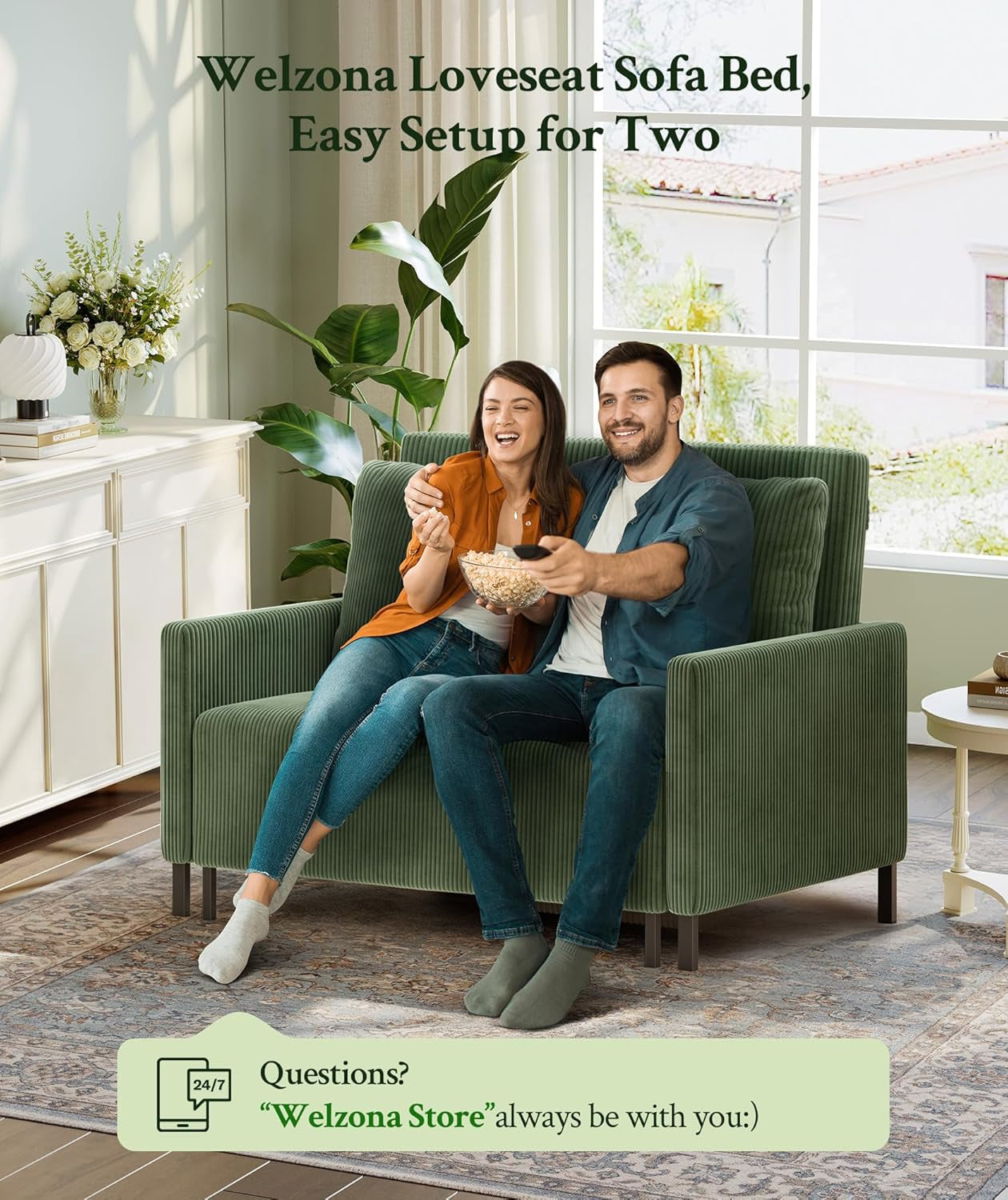 47.2" Convertible Sofa Bed Couch, Comfy Corduroy Couch Bed, All in 1 Loveseat Sleeper Sofa, Love Seat Sleeper Bed with 2 Pillows, Modern Couches for Living Room/Apartment/Home/Office, Green